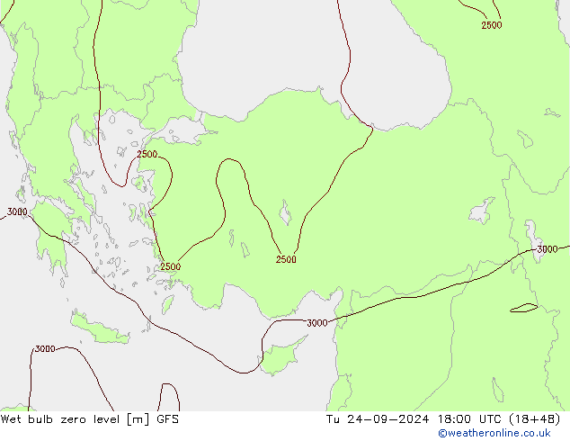 Wet bulb zero level GFS wto. 24.09.2024 18 UTC