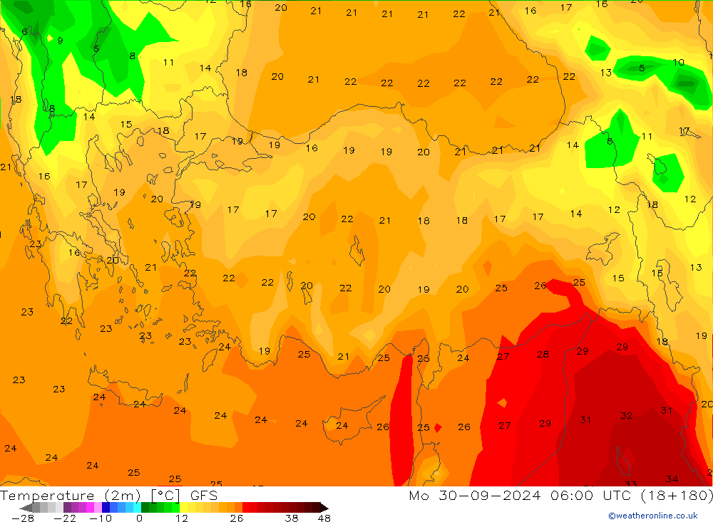 Temperature (2m) GFS Mo 30.09.2024 06 UTC