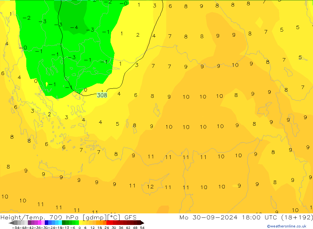 Hoogte/Temp. 700 hPa GFS september 2024