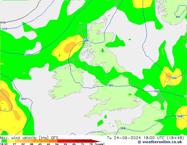 Max. wind velocity GFS Tu 24.09.2024 18 UTC