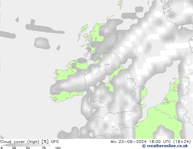 Cloud cover (high) GFS Mo 23.09.2024 18 UTC