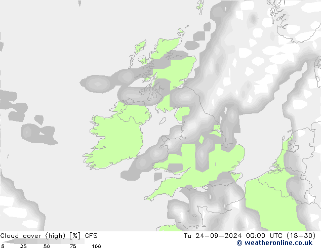 Cloud cover (high) GFS Tu 24.09.2024 00 UTC