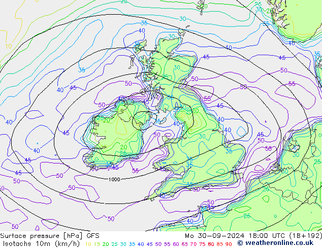 Izotacha (km/godz) GFS pon. 30.09.2024 18 UTC