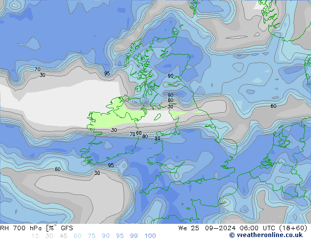 RH 700 hPa GFS śro. 25.09.2024 06 UTC