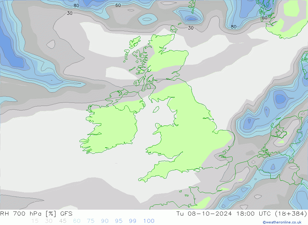 RH 700 hPa GFS Tu 08.10.2024 18 UTC