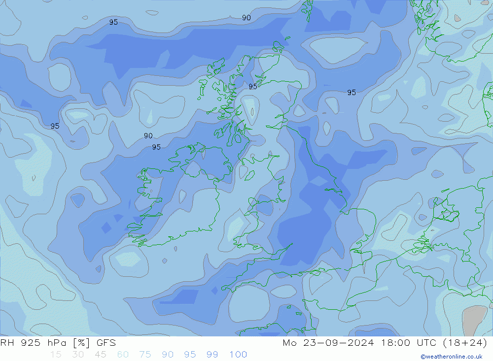 RH 925 hPa GFS lun 23.09.2024 18 UTC