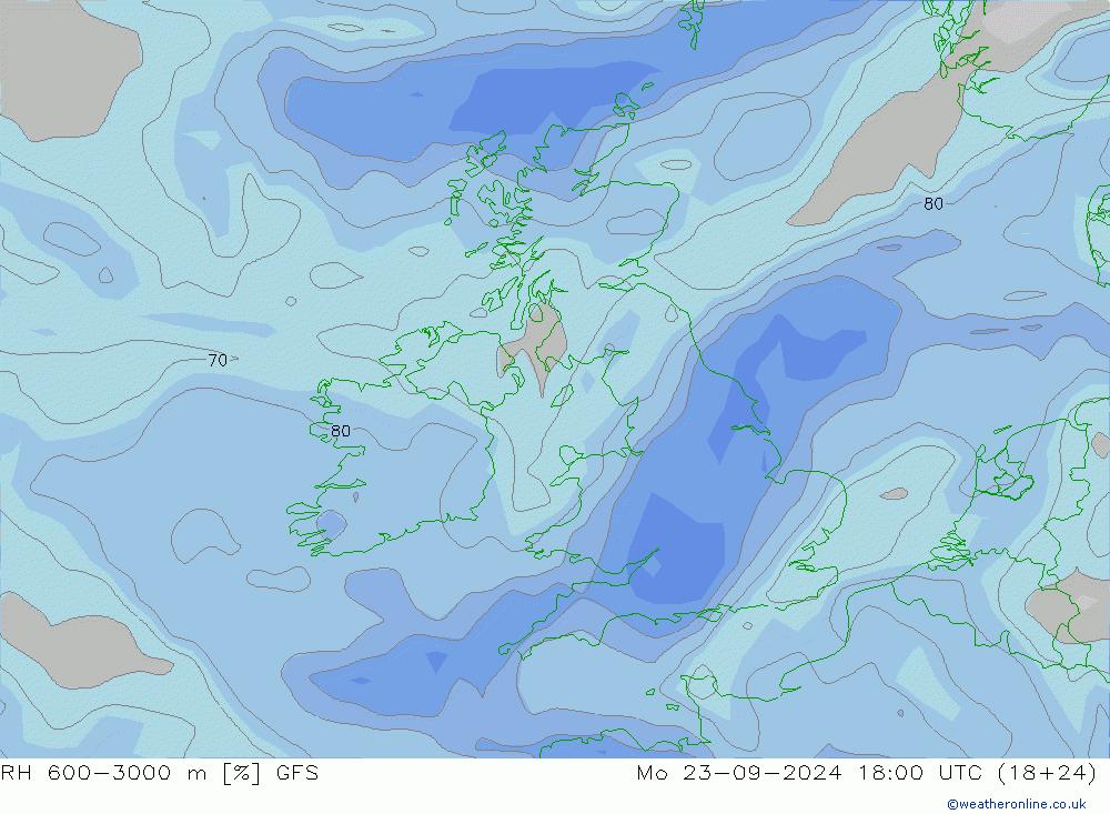 RH 600-3000 m GFS пн 23.09.2024 18 UTC