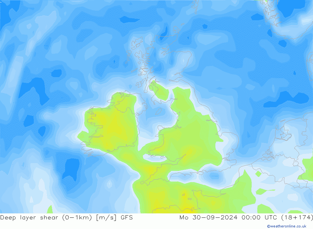 Deep layer shear (0-1km) GFS Seg 30.09.2024 00 UTC