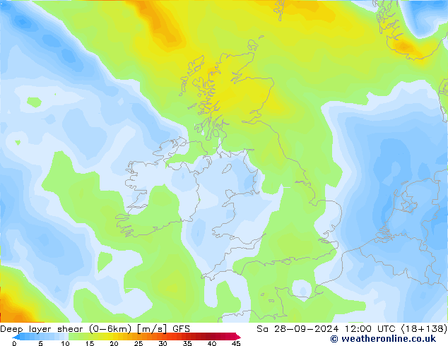 Deep layer shear (0-6km) GFS Sa 28.09.2024 12 UTC