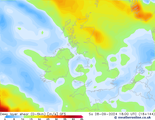 Deep layer shear (0-6km) GFS Sa 28.09.2024 18 UTC