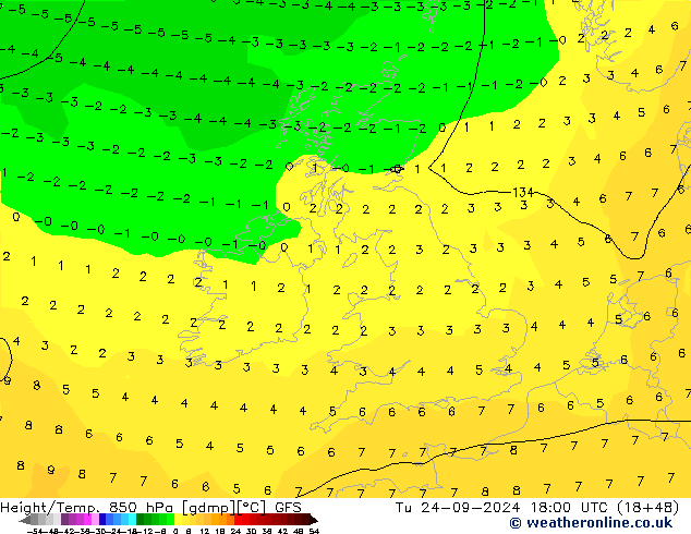 Height/Temp. 850 hPa GFS wto. 24.09.2024 18 UTC