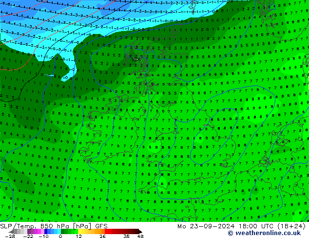 SLP/Temp. 850 hPa GFS Mo 23.09.2024 18 UTC