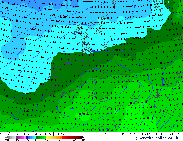 SLP/Temp. 850 hPa GFS śro. 25.09.2024 18 UTC