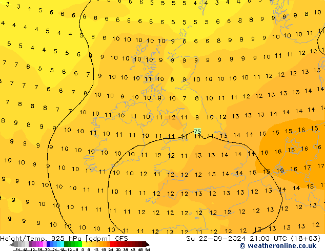 Height/Temp. 925 hPa GFS nie. 22.09.2024 21 UTC