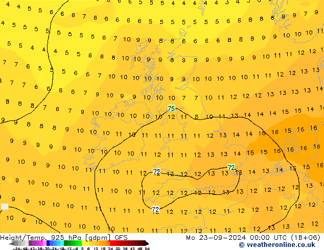 Height/Temp. 925 hPa GFS Mo 23.09.2024 00 UTC