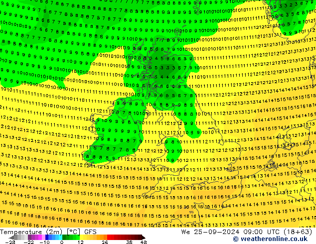 Temperature (2m) GFS We 25.09.2024 09 UTC