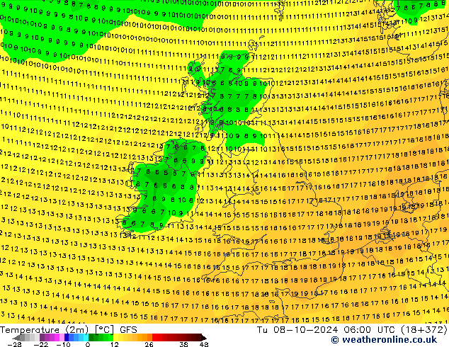 Temperature (2m) GFS Tu 08.10.2024 06 UTC