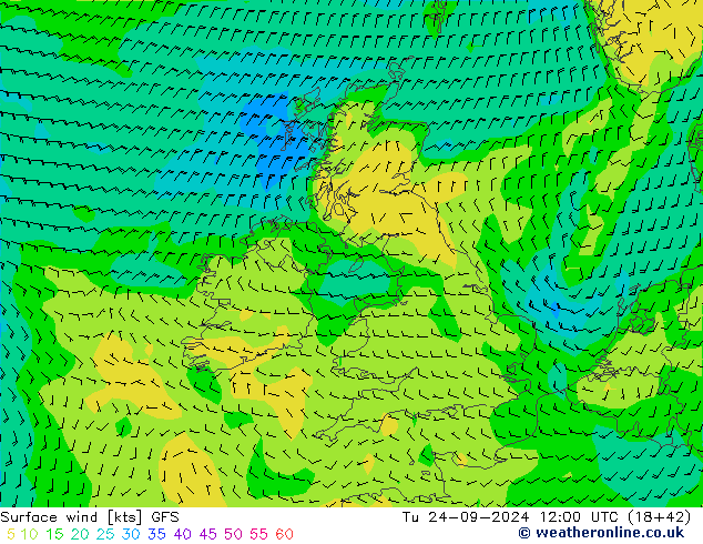 Surface wind GFS Út 24.09.2024 12 UTC