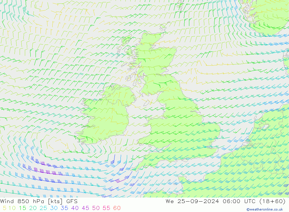 Viento 850 hPa GFS mié 25.09.2024 06 UTC