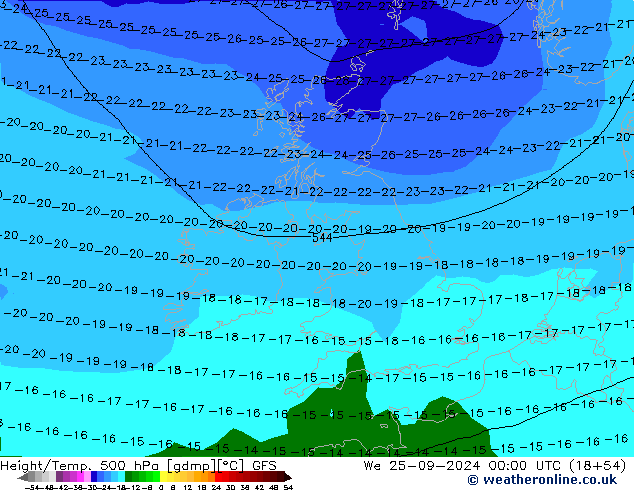 Hoogte/Temp. 500 hPa GFS wo 25.09.2024 00 UTC