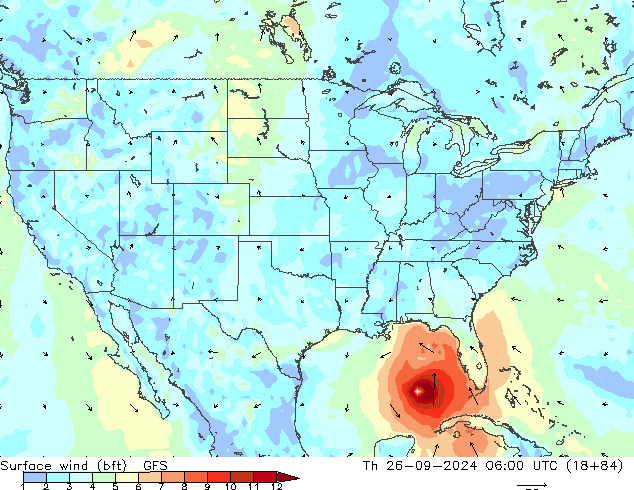 Surface wind (bft) GFS Čt 26.09.2024 06 UTC