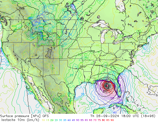 Isotachen (km/h) GFS Do 26.09.2024 18 UTC