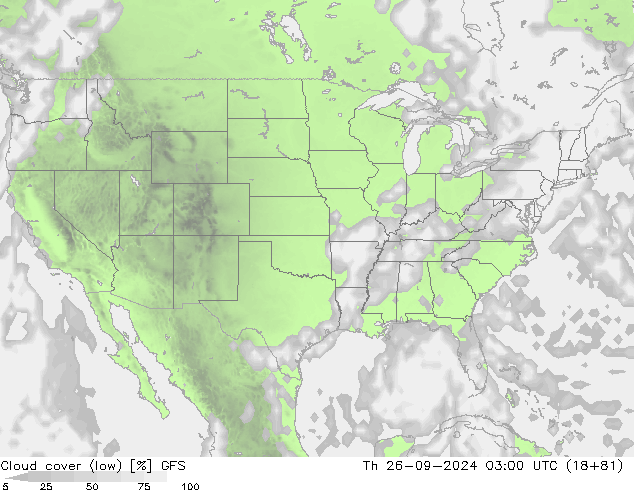 Cloud cover (low) GFS Th 26.09.2024 03 UTC