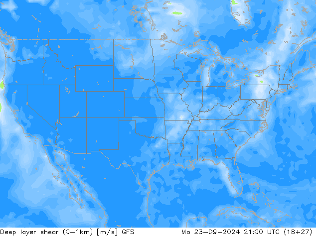 Deep layer shear (0-1km) GFS Po 23.09.2024 21 UTC