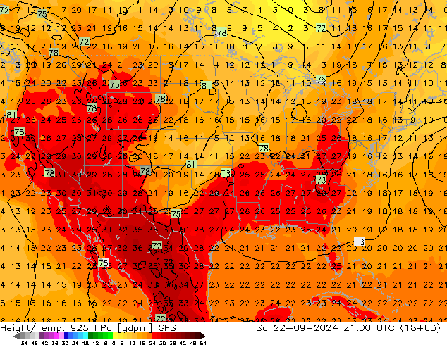 Height/Temp. 925 hPa GFS Ne 22.09.2024 21 UTC