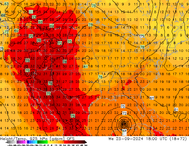 Hoogte/Temp. 925 hPa GFS wo 25.09.2024 18 UTC