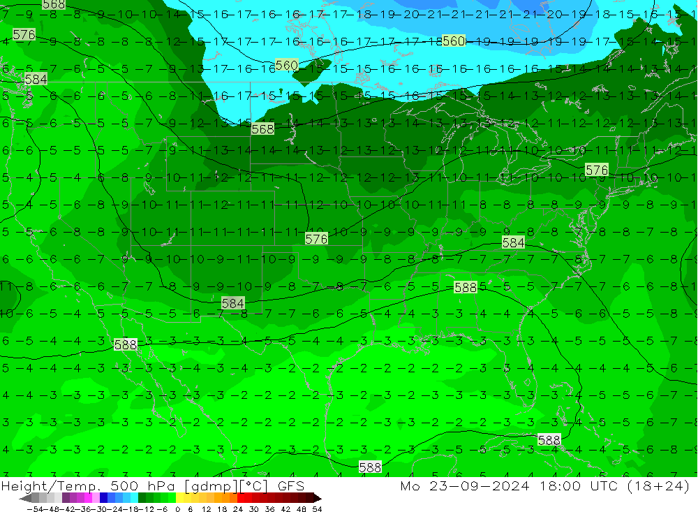 Height/Temp. 500 hPa GFS Mo 23.09.2024 18 UTC