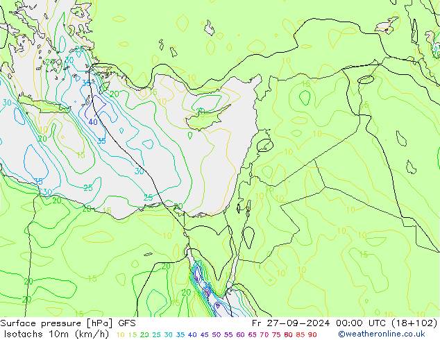 Isotachs (kph) GFS ven 27.09.2024 00 UTC