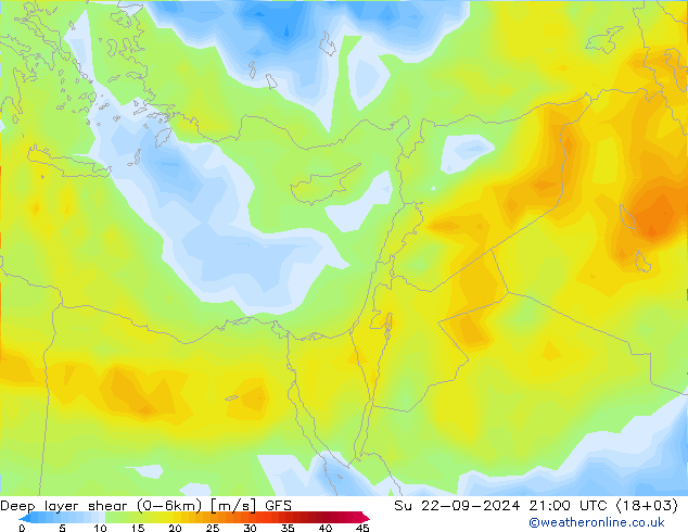 Deep layer shear (0-6km) GFS zo 22.09.2024 21 UTC