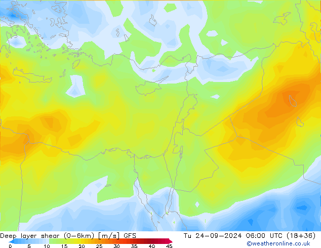 Deep layer shear (0-6km) GFS Ter 24.09.2024 06 UTC