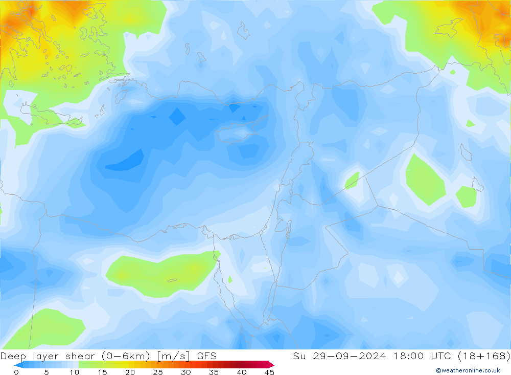 Deep layer shear (0-6km) GFS Paz 29.09.2024 18 UTC