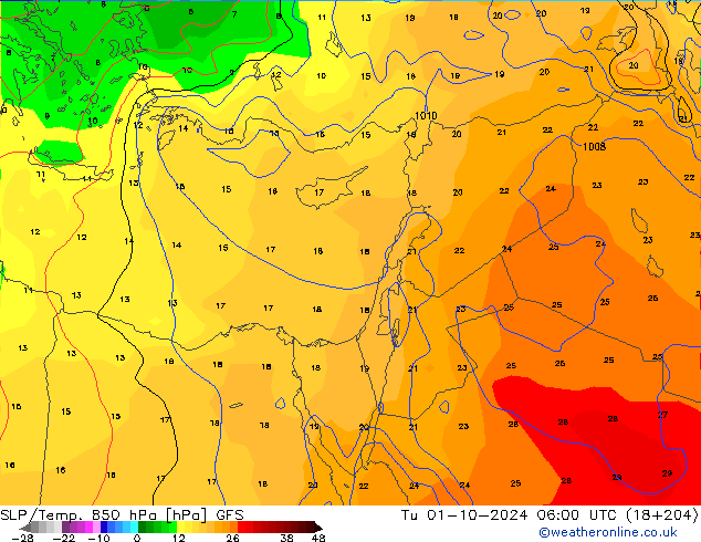 SLP/Temp. 850 hPa GFS  01.10.2024 06 UTC