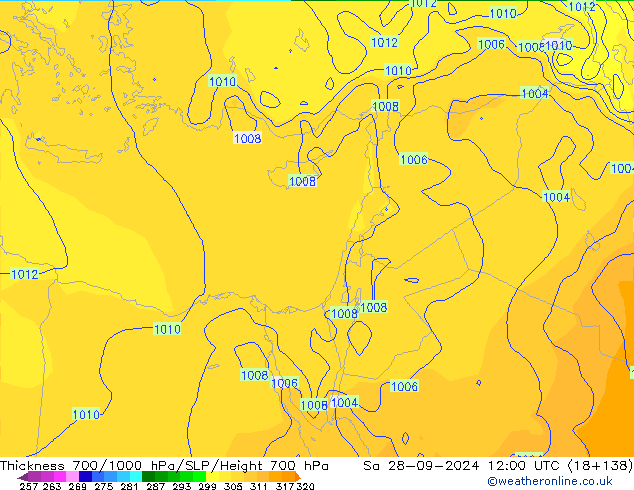 Thck 700-1000 гПа GFS сб 28.09.2024 12 UTC