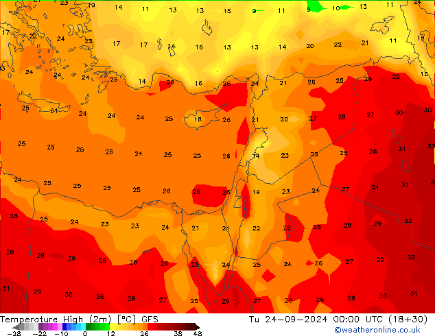 température 2m max GFS mar 24.09.2024 00 UTC