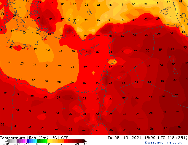 Temp. massima (2m) GFS mar 08.10.2024 18 UTC