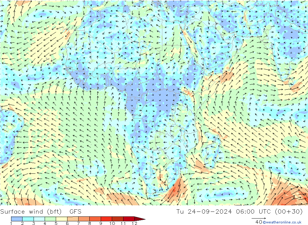 Surface wind (bft) GFS Tu 24.09.2024 06 UTC