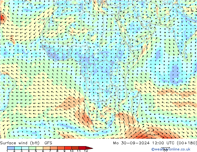 Surface wind (bft) GFS Po 30.09.2024 12 UTC