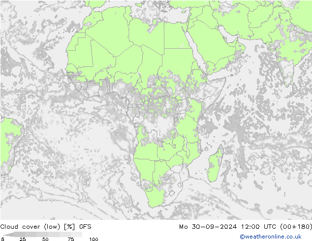 Cloud cover (low) GFS Mo 30.09.2024 12 UTC