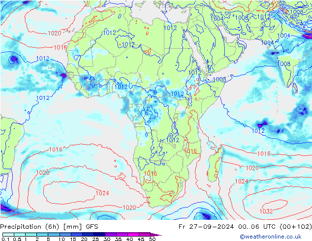 Z500/Rain (+SLP)/Z850 GFS ven 27.09.2024 06 UTC