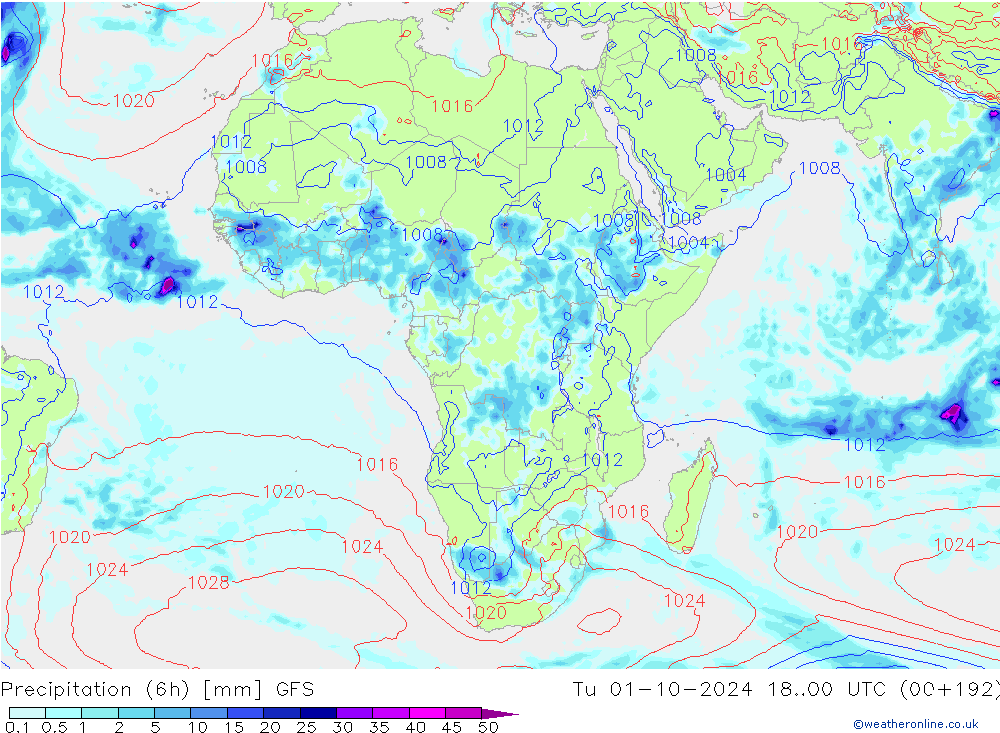 Precipitação (6h) GFS Ter 01.10.2024 00 UTC