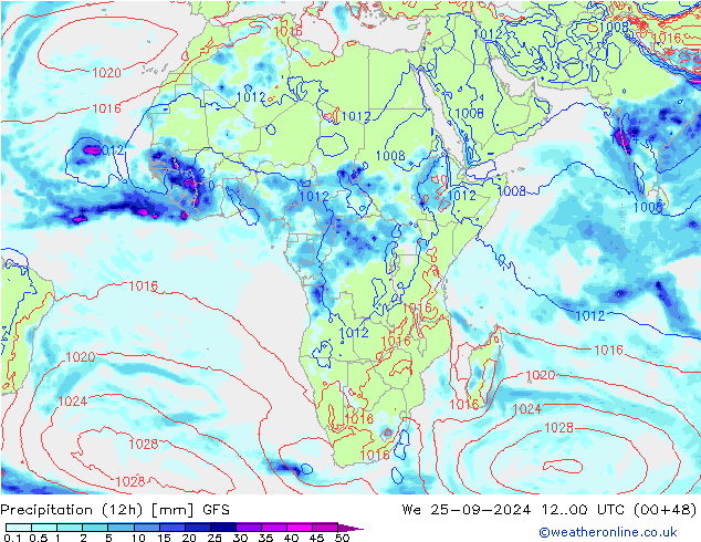 Totale neerslag (12h) GFS wo 25.09.2024 00 UTC