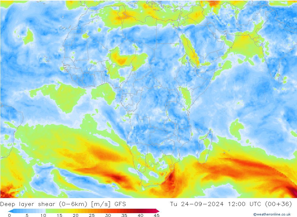 Deep layer shear (0-6km) GFS  24.09.2024 12 UTC