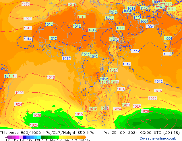 Thck 850-1000 hPa GFS We 25.09.2024 00 UTC