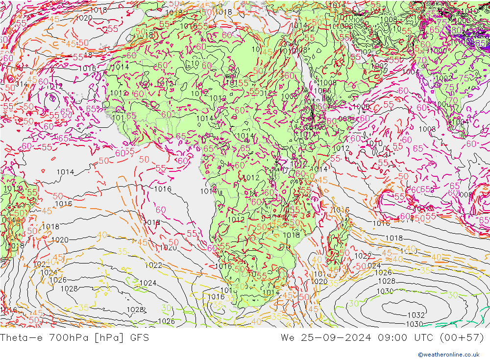 Theta-e 700hPa GFS Qua 25.09.2024 09 UTC