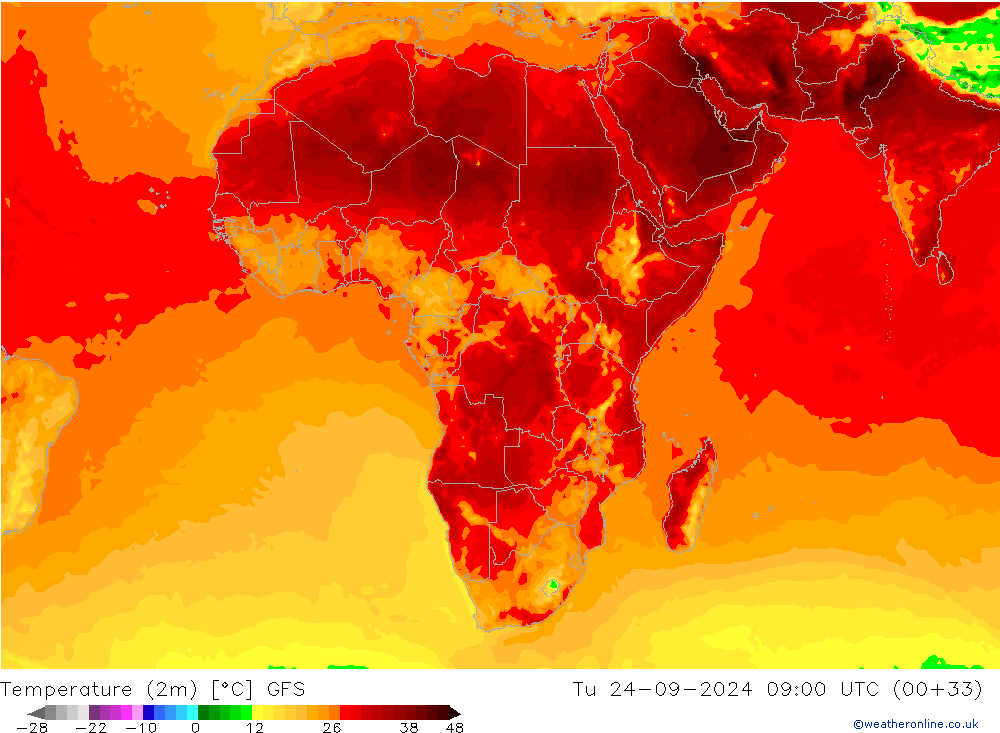 Temperature (2m) GFS Tu 24.09.2024 09 UTC