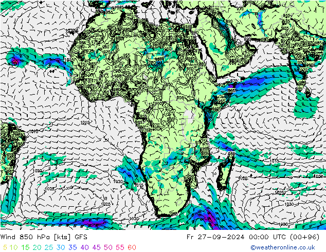 Wind 850 hPa GFS Fr 27.09.2024 00 UTC